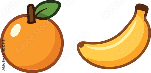 A cartoon illustration of a ripe orange with a leaf and a yellow banana on a white background.
