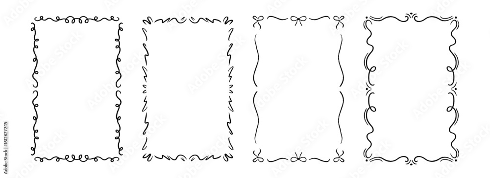 Hand drawn wavy frame set. Romantic curly ribbon border collection. Vector cute doodled cadre frames. Curved squiggly rectangle border pack for invitation, wedding party, birthday, greeting design