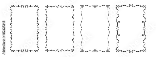 Hand drawn wavy frame set. Romantic curly ribbon border collection. Vector cute doodled cadre frames. Curved squiggly rectangle border pack for invitation, wedding party, birthday, greeting design