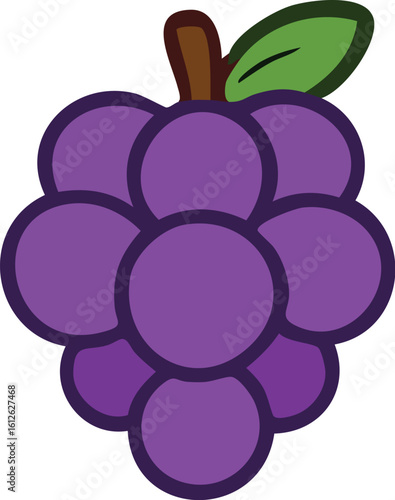 Cartoon illustration of a cluster of ripe purple grapes with a green leaf.