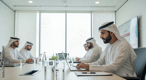 A group of men in traditional Middle Eastern attire collaborate on laptops during a productive business meeting in a modern .