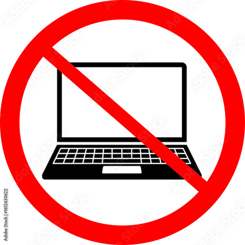 No laptop or no portable computer sign. This icon can be used to represent a ban on using laptops, electronic devices, or technology in a specific area. no portable computer sign.
