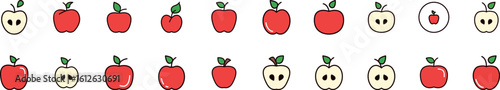 Set of Filled Color Icons of Red Apple. Minimalistic Linear Pictogram for Web and Graphic Design, Apps, Banners, Social Network and Cards