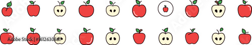 Bundle of Filled Color Icons of Red Apple. Minimalistic Linear Pictogram for Web and Graphic Design, Apps, Banners, Social Network and Cards