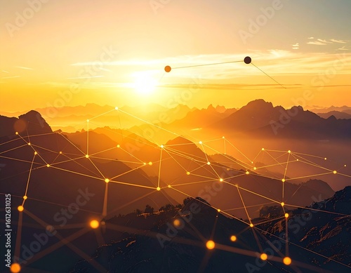 Surreal Mountain Landscape with Floating Geometric Shapes and Digital Grid Overlays – Photo-Realistic Golden Hour Background