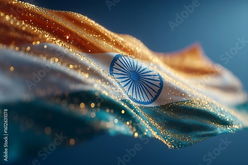 Shimmering Indian Flag Waving with Golden and Blue Glitter