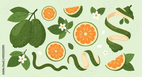 Playful arrangement of vibrant pomelos with peel, leaves and blossoms on light green backdrop