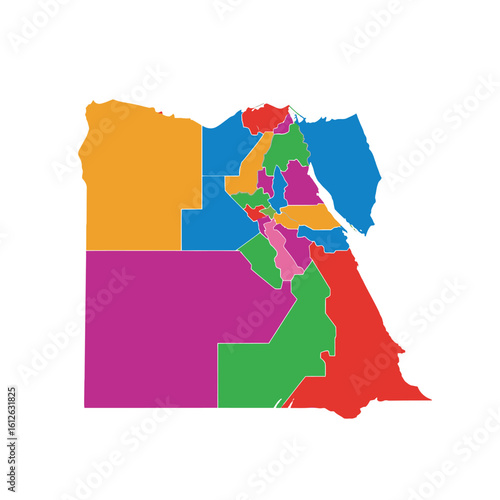 A colorful, segmented map of Egypt, showcasing regional divisions with distinct colors.