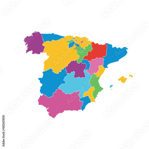 Colorful map of Spain showing its autonomous communities, isolated on a white background.