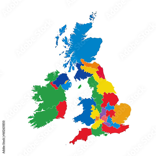 Colorful map of the United Kingdom and Ireland, showing the different regions and countries in vibrant hues.