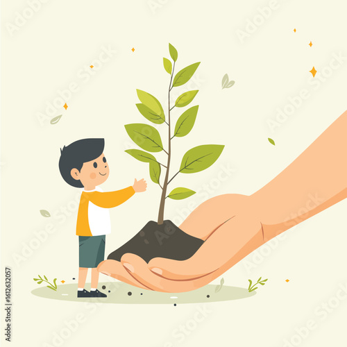 Tiny boy planting tree in soil held by a large protective hand. Vector concept for nature conservation, environmental care, growth, sustainability, and Earth Day. Future hope