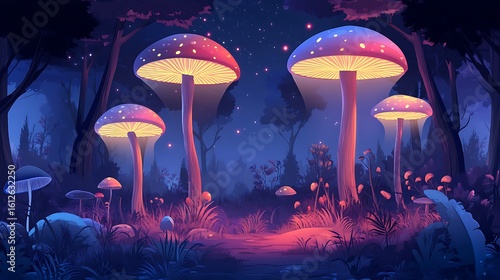 Enchanted forest with glowing bioluminescent mushrooms at night