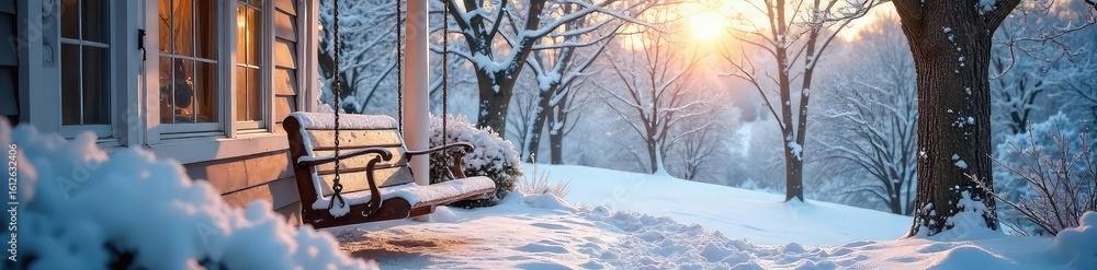 Obraz premium A cozy winter scene featuring a porch swing gently swaying in a snowy landscape, covered in a soft blanket of white Perfect for winter holiday or seasonal themes , peaceful, cottage