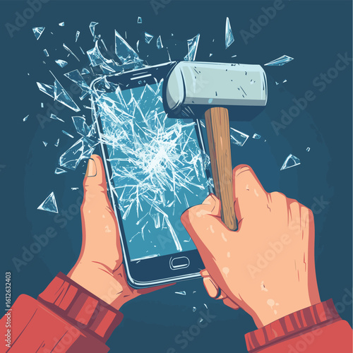 A close-up shot of a person angrily smashing a smartphone screen with a hammer, shattered glass and pieces flying