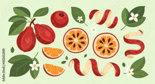 Whimsical fruit medley, showcasing assorted tropical delights and playful peel swirls on light