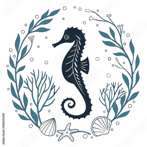 Elegant Seahorse Design with Marine Plants Starfish and Seashells for Underwater Theme Projects and Oceanography Illustrations
