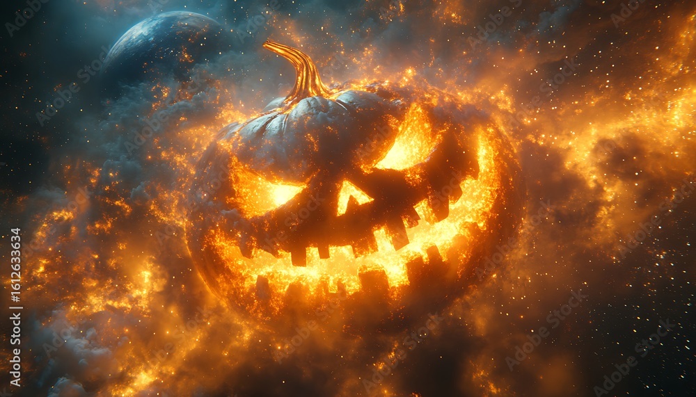 Naklejka premium Fiery Jack O Lantern Halloween Pumpkin Floating in Cosmic Nebula fire flames