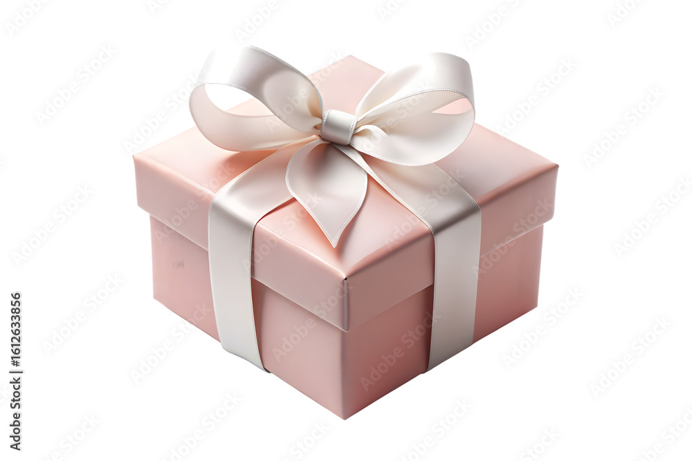 Fototapeta premium An elegant pink gift box tied with a delicate white satin ribbon and bow, presented on a clean transparent background