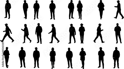 Vector silhouettes men and women, illustration. Silhouettes of young people posing in warm winter clothes. EPS version.