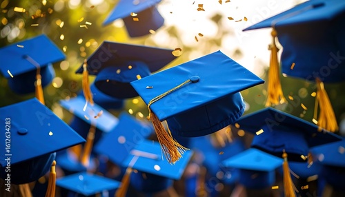 Blue graduation caps tossed in celebratory air, gold confetti falling