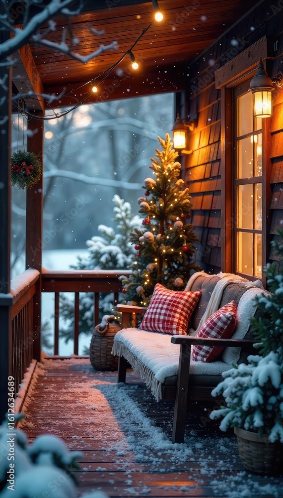 Obraz premium Cozy winter porch scene with snow-covered plants and warm lighting, perfect for a relaxing holiday atmosphere Blankets and pillows add to the inviting ambiance , snowflakes, pillows
