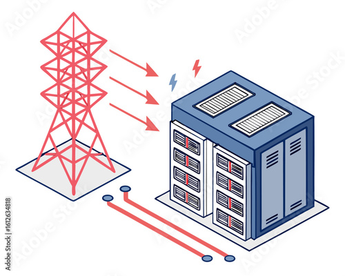 Data center infrastructure in isometric style showing essential systems: electrical power, thermal cooling units, and high-capacity servers for AI chatbot performance.