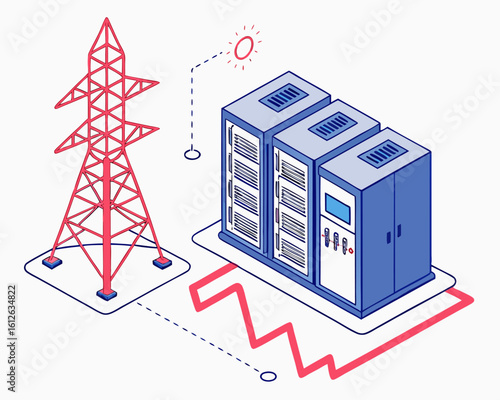Isometric view highlighting core components—electricity supply, cooling system, and dense server infrastructure—powering an AI chatbot processing data center.