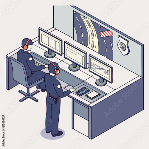 Technicians supervise city infrastructure using surveillance screens and live dashboards in a futuristic isometric cartoon urban traffic control room.