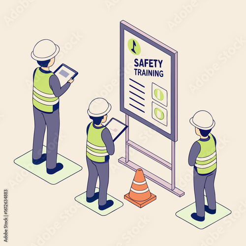 Isometric illustration of an industrial engineer guiding workers through safety training on protective equipment and workplace hazard prevention protocols.