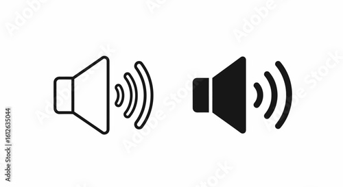 Two minimalist speaker icons, one outlined and the other solid black, emitting sound waves.