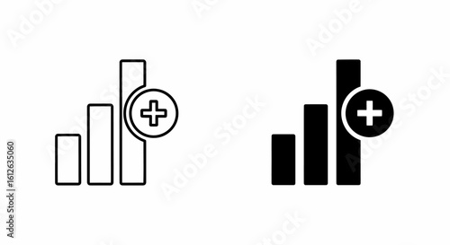 Two versions of a signal strength icon with a plus sign, one outlined and one solid.