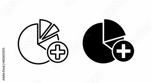 Two pie charts, one outlined in black, the other filled, both with a plus sign, representing data addition or analysis.