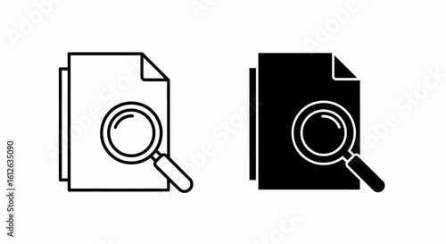 Two document icons with magnifying glasses, one in black and one in white.