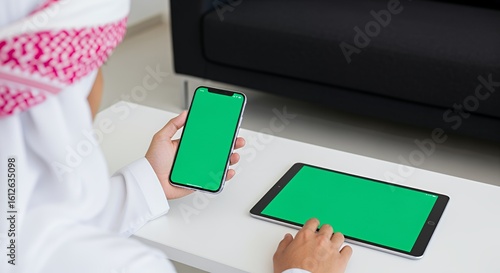 A person in traditional Middle Eastern attire uses a smartphone and tablet with green screens, sitting on a modern white table.