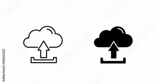 Upload and download cloud computing icons,  line art and solid black versions.