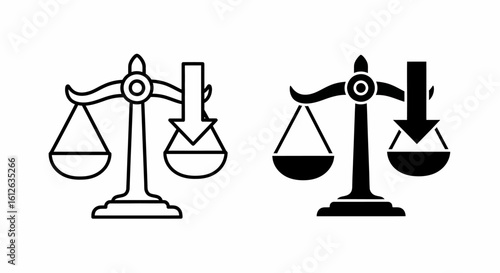 Two black and white illustrations of scales of justice, one balanced, the other tipped.