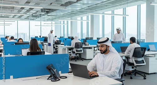 A diverse group of professionals works collaboratively in a modern, bright space, showcasing a contemporary and inclusive workplace environment.