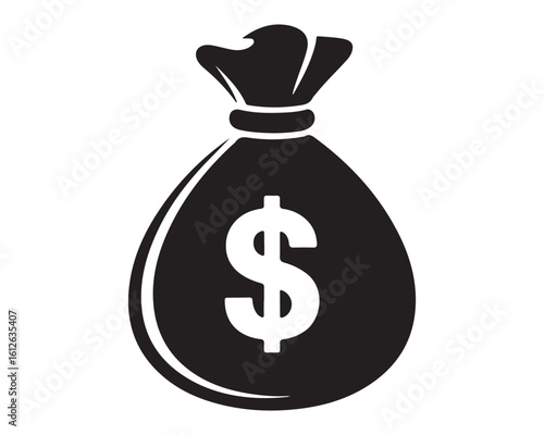 A black and white graphic illustration of a money bag with a dollar sign on the front side of it