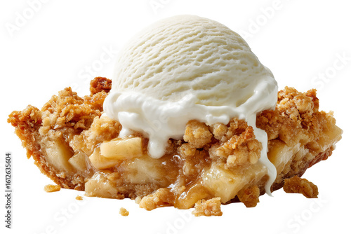 Creamy apple cobbler crunch ice cream scoop with baked apple chunks and crisp streusel topping isolated on transparent PNG background cutout for gourmet dessert menus and packaging mockups