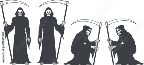 Grim reaper illustrations death scythe halloween spooky skeleton cloaked figures