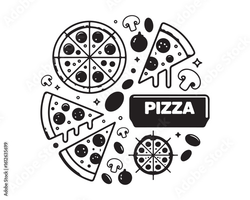 Black and white pizza illustration with slices mushrooms and olives in circular arrangement on white background