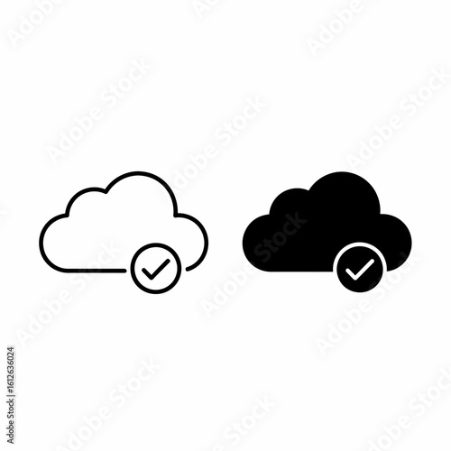 Two cloud icons, one outlined and one filled, each with a checkmark symbol inside a circle.
