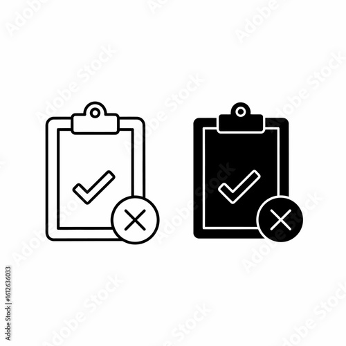Two clipboards, one outlined and one solid black, each displaying a checkmark and a circled X symbol.