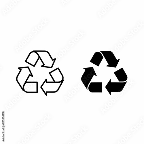 Two variations of the universal recycling symbol; a line art and a solid black version.