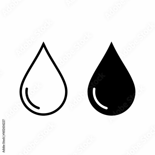 Simple graphic design of two water drops, one filled, one outlined.