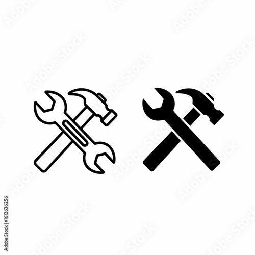 Two crossed tools, a wrench and a hammer, presented in both outlined and filled-in black versions.