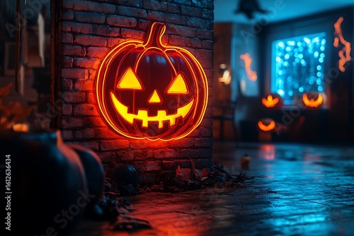 Wallpaper Mural Glowing Jack O Lantern Neon Sign on Brick Wall with Halloween Decorations orange Torontodigital.ca