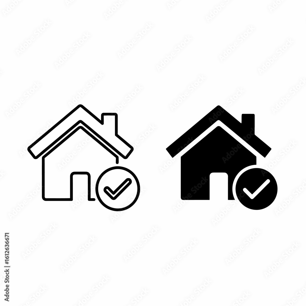 Fototapeta premium Two simple black and white house icons, one outlined and one solid, both with a check mark signifying approval or selection.