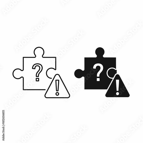 Two puzzle pieces with question marks and warning signs, representing a problem or uncertainty.