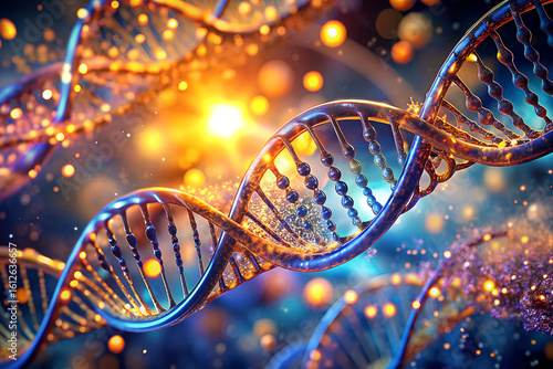 Abstract visualization of a glowing double helix dna strand with bokeh lights representing genetic code and molecular science